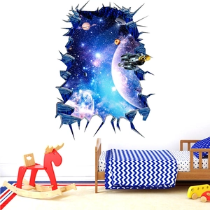 Detail of 3D cracked wall sticker featuring space nebula, planets and spaceship in kid's room