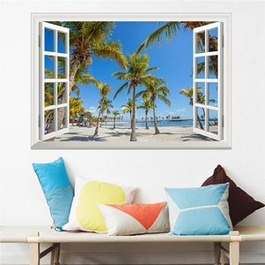 Detailed 3D tropical beach window wall decal with coconut trees and white frame decor