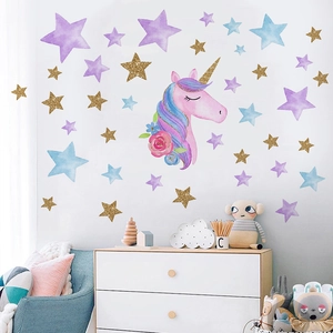 Luminous unicorn wall stickers with gold stars for kids bedroom dreamy nursery decor