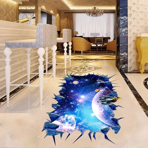3D outer space floor sticker with galaxy planet and spaceship for home decoration