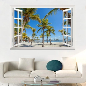 Detail view of 3D window beach wall decal with tropical palm trees in a living room