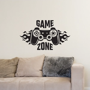 Detail of Game Zone vinyl wall decal featuring controller and fire motifs for game room decor