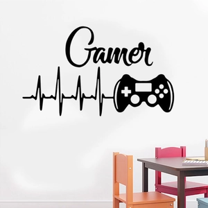 Gamer vinyl wall decal with controller and heartbeat line for kids room decoration