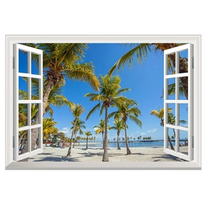 Detail of 3D window wall sticker showing tropical beach with coconut trees and blue sky
