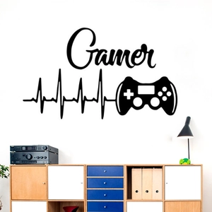Matte black Gamer vinyl wall decal with heartbeat line and controller for home decor