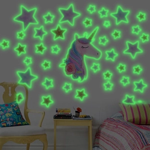 Luminous unicorn and stars wall stickers glowing in the dark for kids room decor