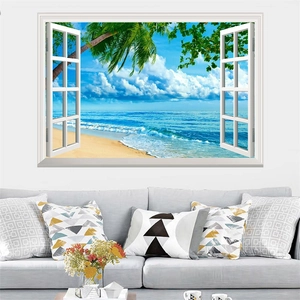 Detail view of 3D window wall sticker showing tropical beach island and palm tree scenery