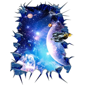 3D outer space wall sticker featuring Saturn and nebula with galaxy crack wall effect