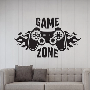 Vinyl game zone wall decal featuring controller and flames for game room decor