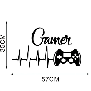 Detailed size schematic of black Gamer vinyl wall sticker featuring controller and heartbeat