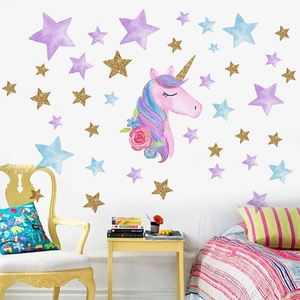 Detailed wall sticker set featuring a floral unicorn head and sparkling colorful stars