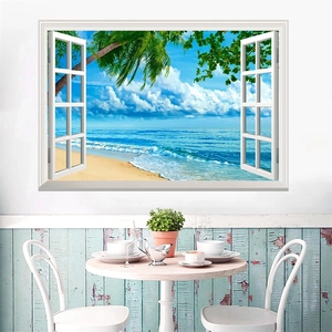 3D beach landscape wall sticker showing tropical island scenery through a white window frame