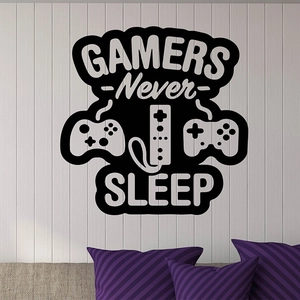 Black vinyl wall decal featuring GAMERS Never SLEEP text and game controller icons