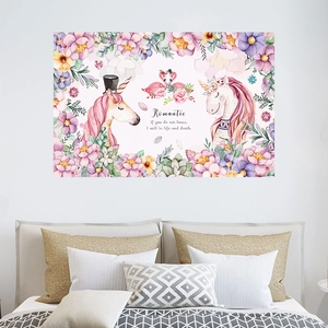 Floral unicorn wall sticker with flamingos and watercolor flowers for kids bedroom decor