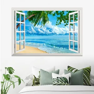 Detailed 3D faux window wall decal featuring a tropical beach view in a modern bedroom setting