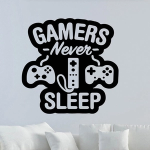 Black vinyl gamer wall decal with GAMERS NEVER SLEEP text and controller above a sofa