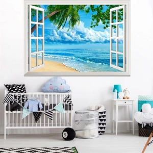 Realistic 3D tropical beach window wall sticker in a cozy nursery room setting