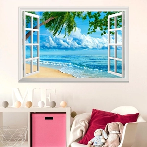Detail of 3D tropical beach window wall decal showing palm trees and ocean on a white wall