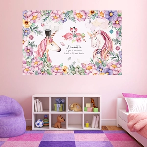 Unicorn Flamingo Flower Wall Sticker PVC Waterproof Removable Decal For Kids Room Bedroom Home Decor Romantic Art Mural