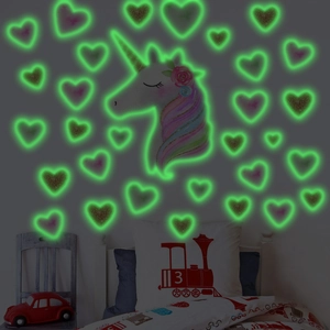 Luminous unicorn wall stickers with glowing heart decals for kids bedroom decoration