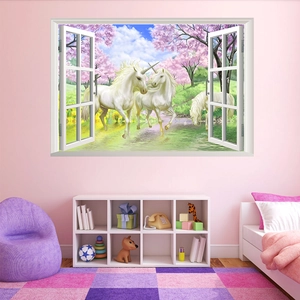 3D unicorn window wall sticker with dreamy forest and cherry blossoms for kids room decor