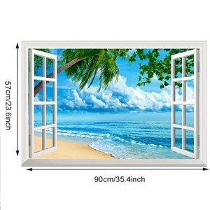 Detail view of 3D beach window wall sticker showing 90x57cm dimensions and scenic view