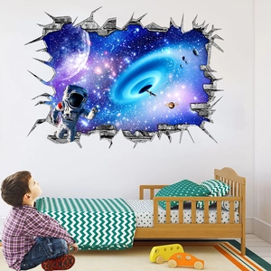 3D outer space wall decal featuring astronauts and planets with a realistic broken wall effect