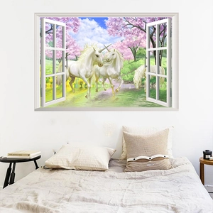 3D unicorn window wall decal with pink cherry blossoms for bedroom home decor