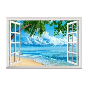 Detail of 3D fake window wall decal showing a tropical beach and palm trees view