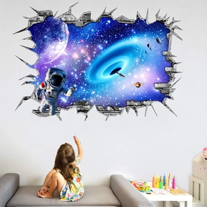 3D space wall sticker with astronaut and galaxy view for children room decoration