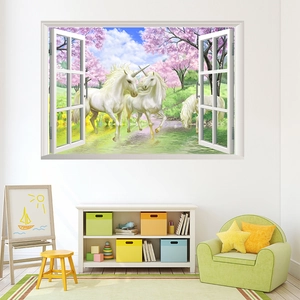 3D fake window wall decal showing unicorns in a fantasy forest for kids room decor