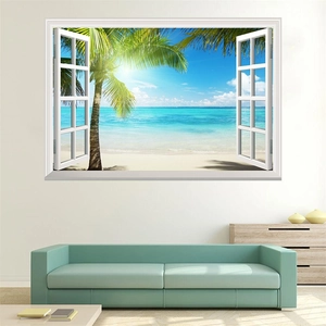 Detailed view of 3D window wall decal featuring a tropical beach with palm trees and blue sea