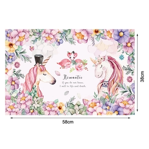 Detail view of unicorn floral wall stickers with 58cm x 38cm size specifications