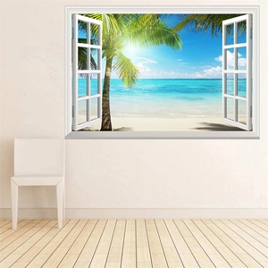 Macro view of 3D fake window wall sticker showing tropical beach palm trees and blue ocean