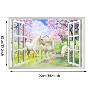 3D unicorn window wall sticker detail showing 90x57cm size and fantasy landscape