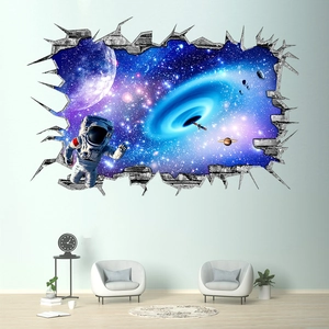 Detailed 3D wall sticker featuring an astronaut and cosmic galaxy through a broken wall