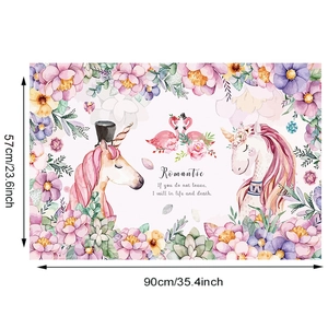 Detail showing 90x57cm watercolor unicorn and flamingo floral wall sticker dimensions