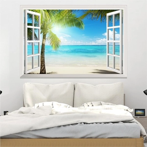 Detailed 3D beach sea view window wall sticker above a white bed in a cozy bedroom