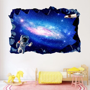 3D outer space wall sticker featuring an astronaut and galaxy through a torn wall effect