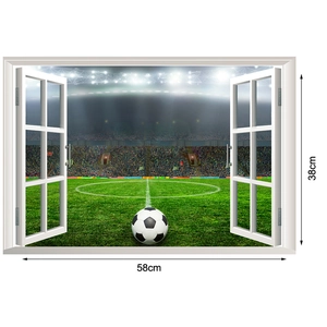 3D-Fußballfeld-Wandtattoo-Detail mit 58x38cm Maßen und falschem Fensterrahmen-Effekt