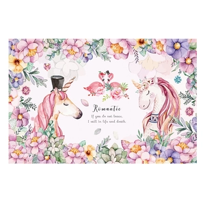 Romantic watercolor floral wreath wall sticker with unicorn and flamingo heart design