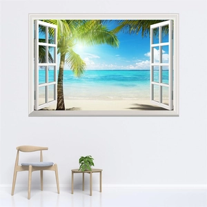 Detailed view of a 3D beach window wall sticker showing tropical palms and blue ocean
