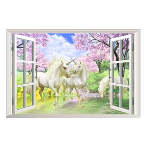 3D unicorn wall sticker with cherry blossom lake view in a realistic window frame