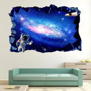 3D outer space galaxy wall sticker with astronaut on living room sofa background
