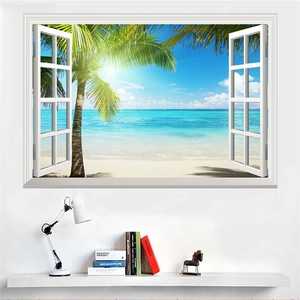Detail of 3D window wall sticker featuring a tropical beach view with palm trees