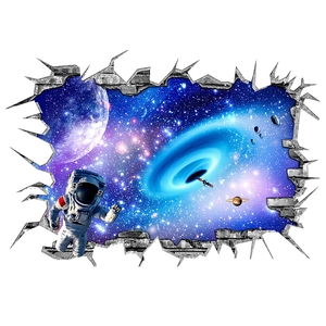 3D outer space wall sticker featuring an astronaut and galaxy with broken wall effect