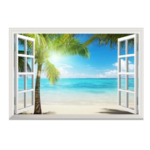 Detailed macro view of 3D window wall sticker featuring a tropical beach and palm trees