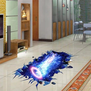 Macro detail of 3D galaxy floor decal with cosmic stars and pink glowing space ring