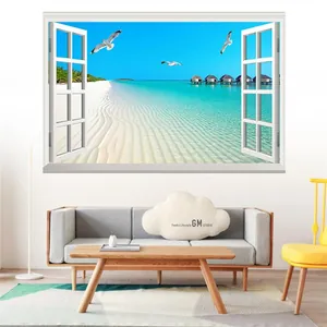 Detailed 3D tropical beach window wall decal showing seagulls and water villas