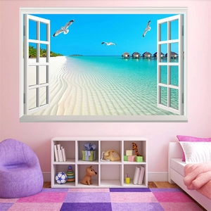 Detailed 3D beach landscape wall sticker featuring seagulls and ocean view over a kid's bed